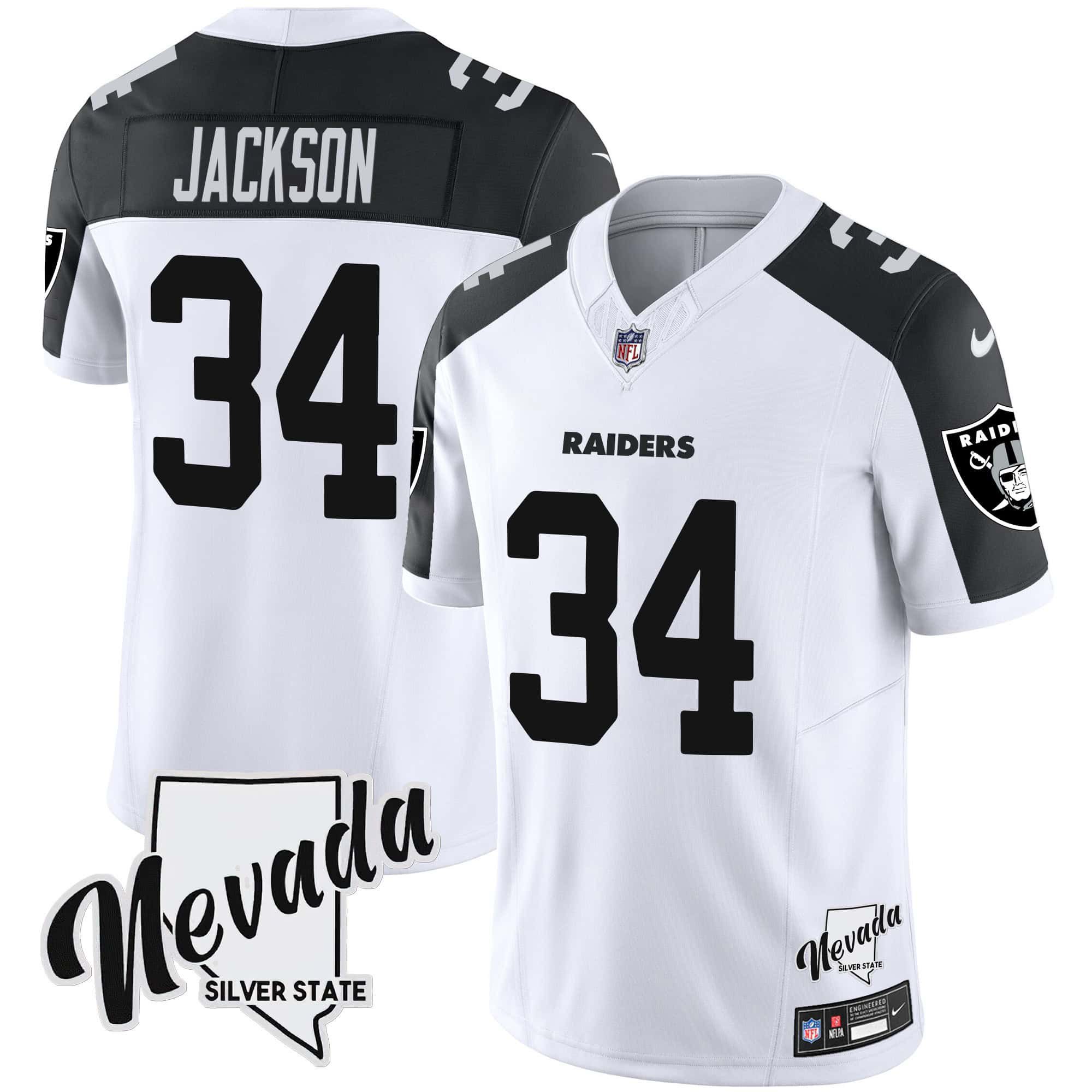 Men Oakland Raiders #34 Jackson White 2024 Nike Nevada Silver State Patch Vapor NFL Jersey style 1